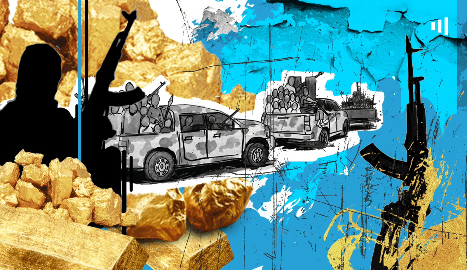 Stylized, collage-like image of silhouetted protesters, vehicles carrying goods, with gold nuggets and splattered ink.
