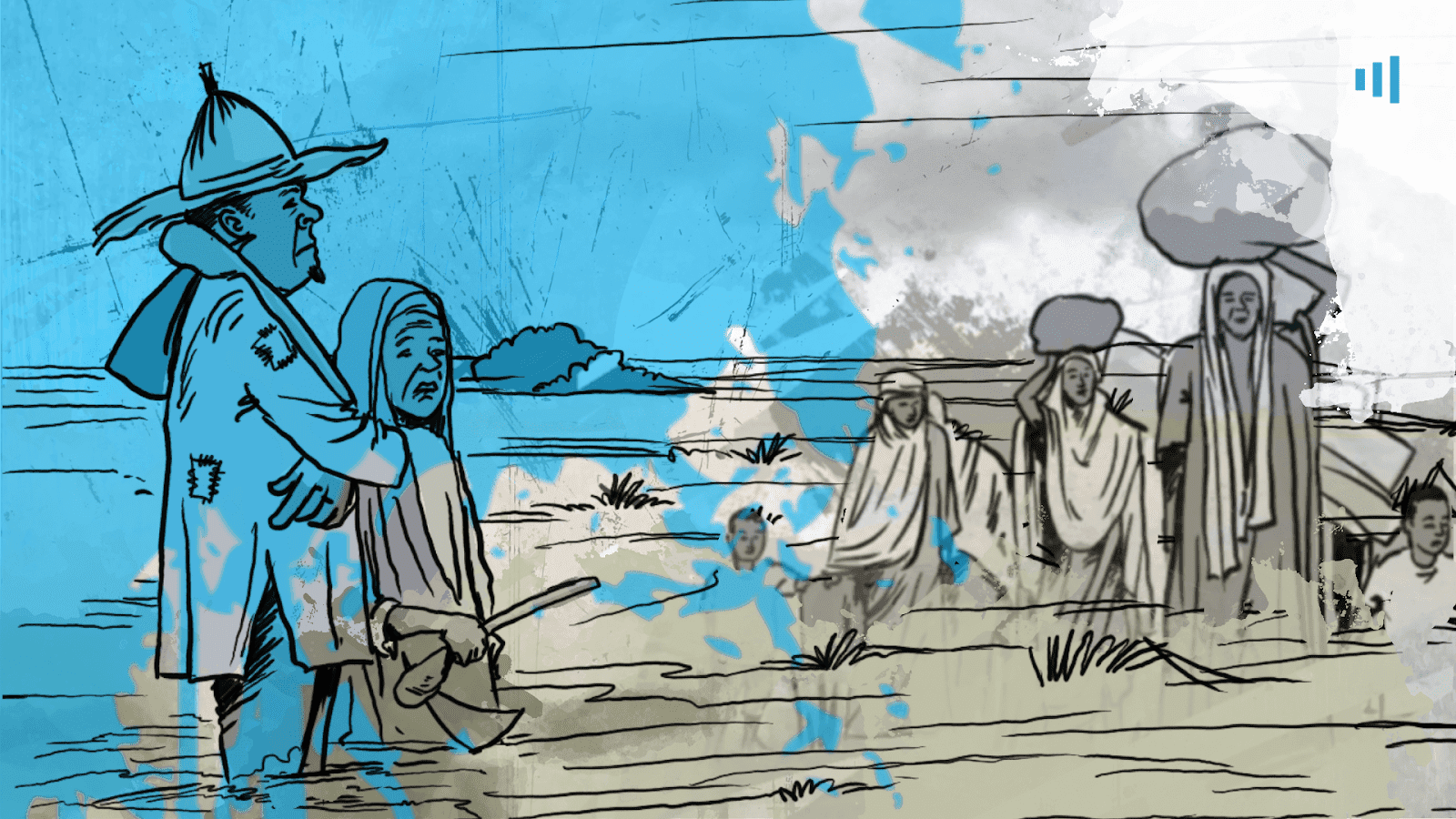Illustration of people in traditional Asian attire, with a man and woman in the foreground and a group in the background.