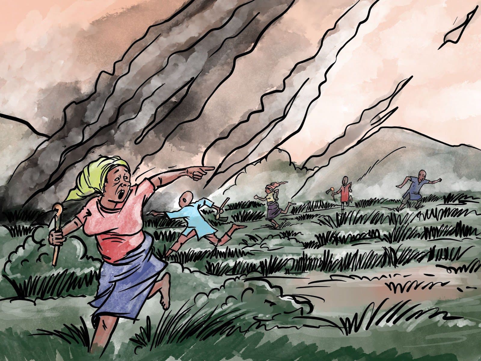 Illustration of people fleeing a volcanic eruption with smoke and ash in the background.
