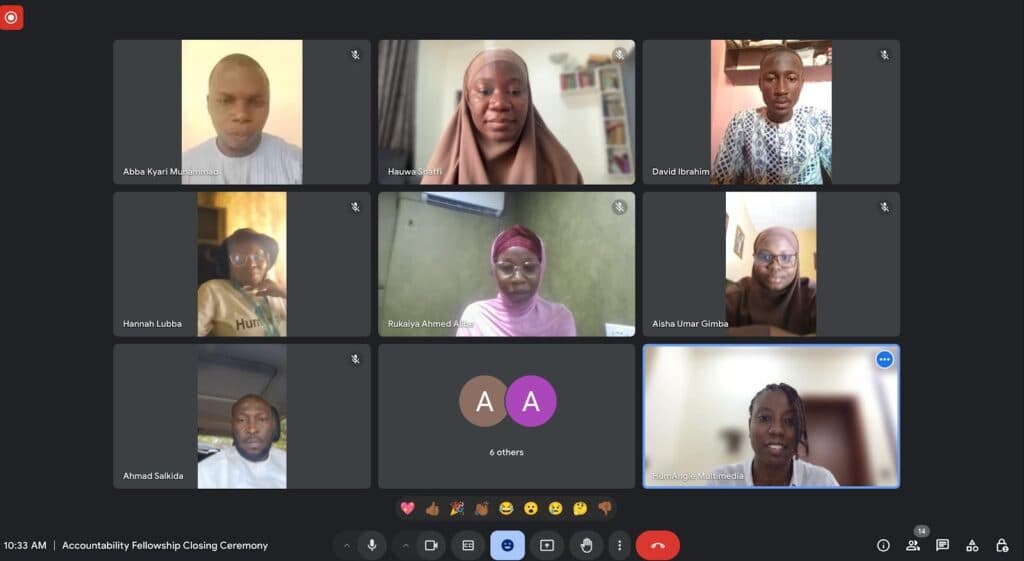 A virtual meeting screen with nine participants