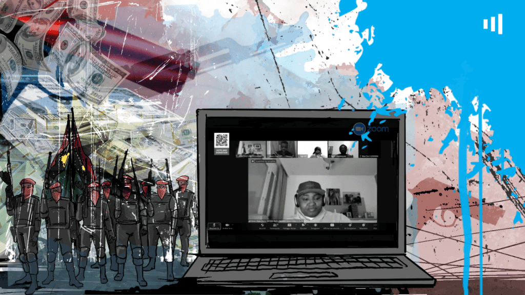 An artistic collage with soldiers, floating money, a Zoom call on a laptop, and colorful abstract elements.
