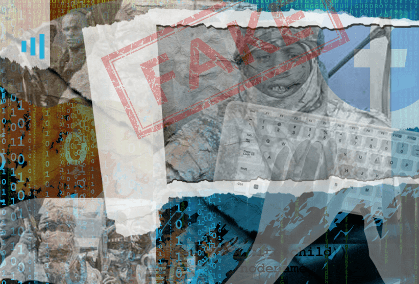 Collage of digital elements and text with "FAKE" stamp overlay, symbolizing misinformation or fake news.