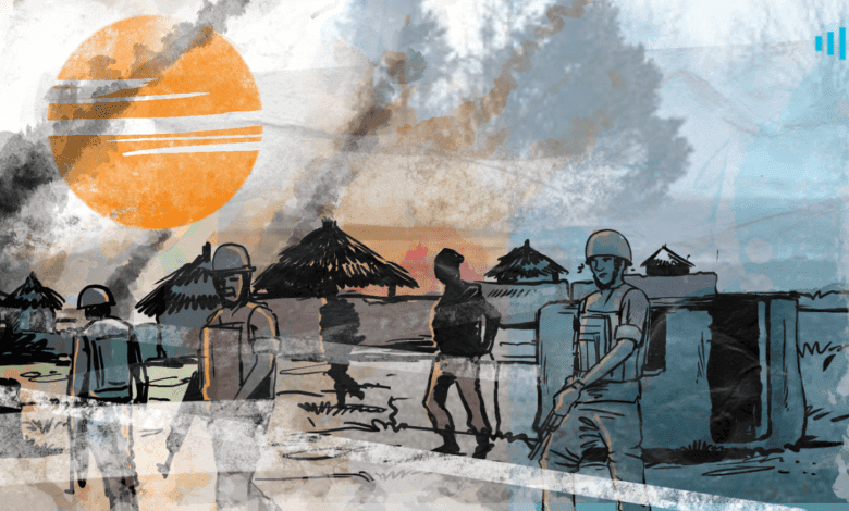 Illustration of soldiers in a village with huts, under a large orange sun and smoky sky.