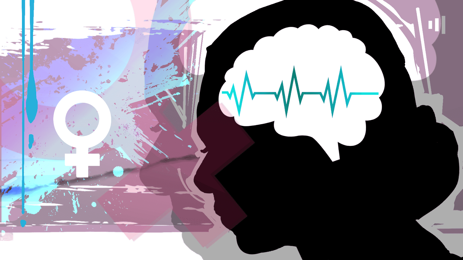 Silhouette of a woman's head with a brain and heartbeat line, female symbol, and abstract colorful background.