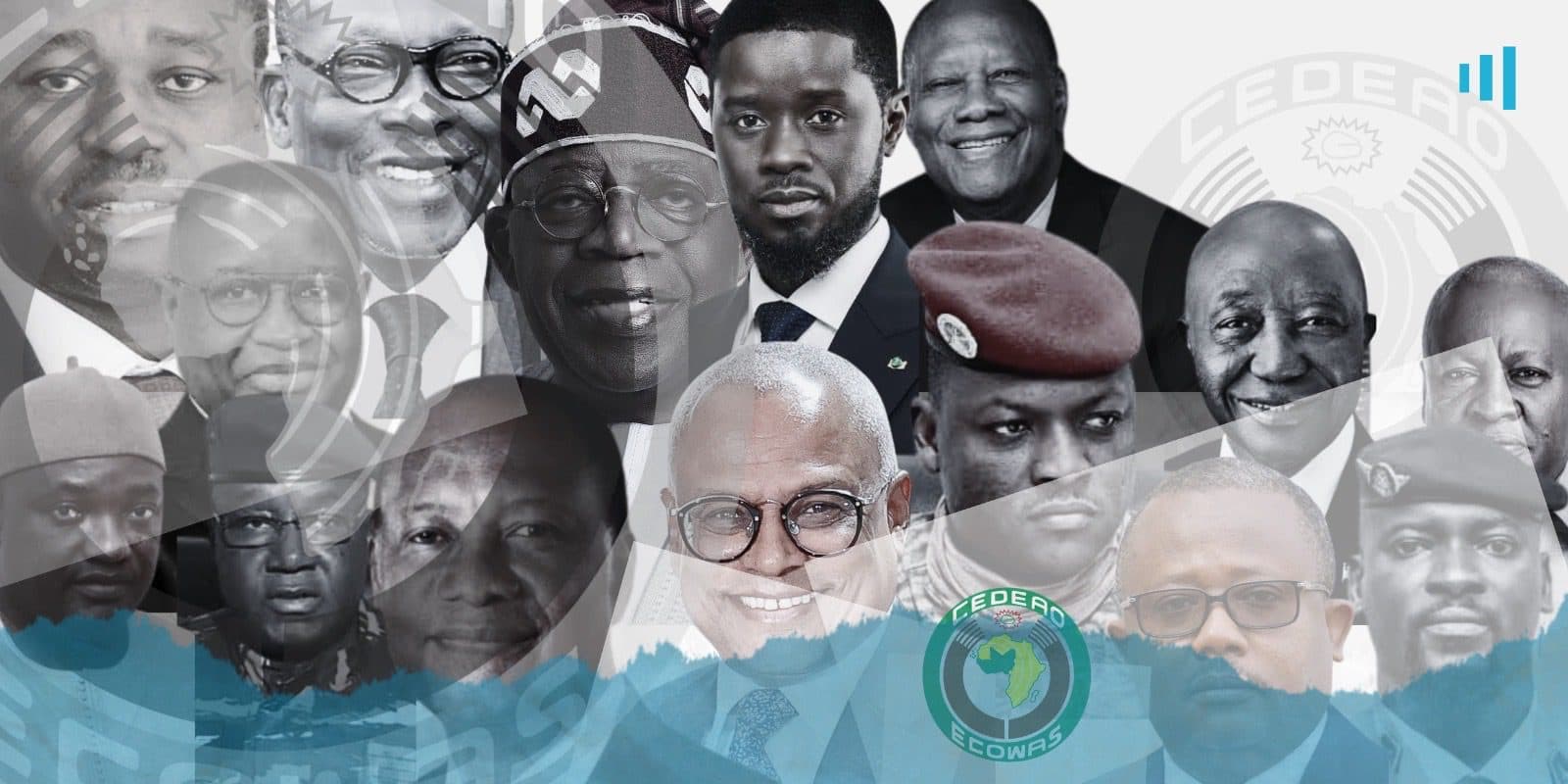 Collage of diverse leaders overlaid with ECOWAS logo and blue ocean waves.
