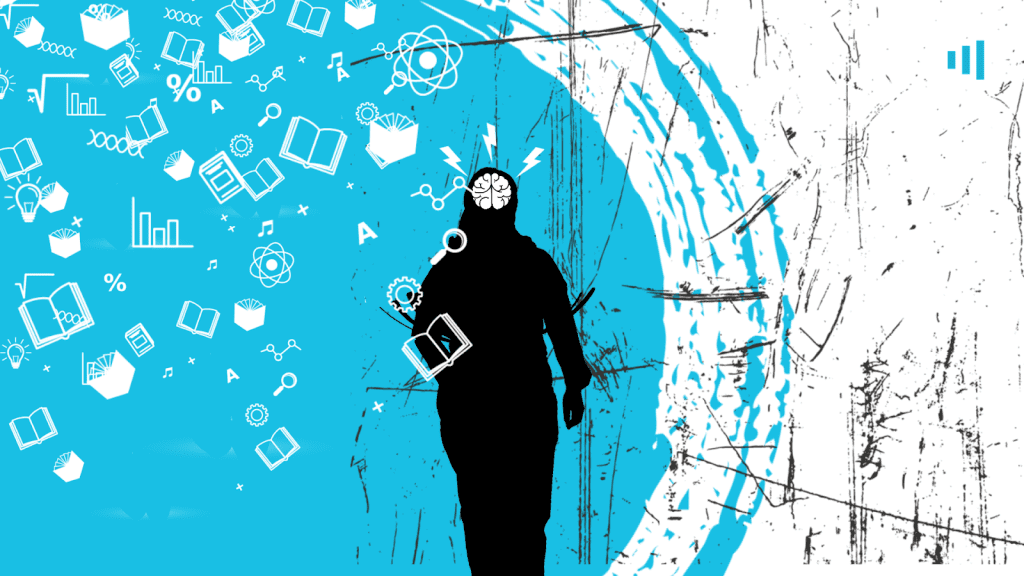 Silhouette of a person surrounded by educational symbols on a blue and white textured background.