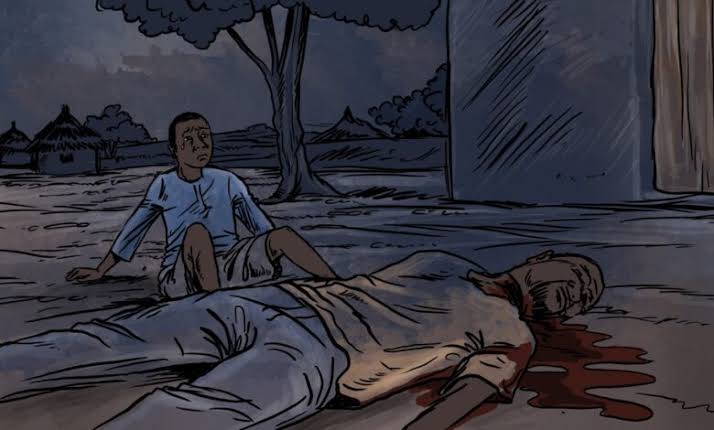 A person sits on the ground at night, looking shocked at a lifeless figure lying in a pool of blood nearby, under a tree.