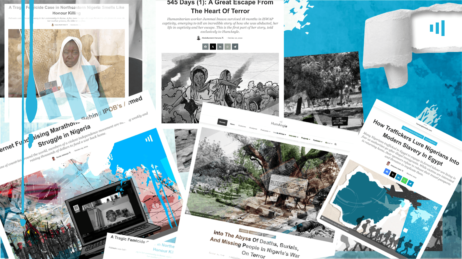 Collage of articles discussing various humanitarian issues in Nigeria, including abductions, slavery, and femicide, with symbolic imagery.
