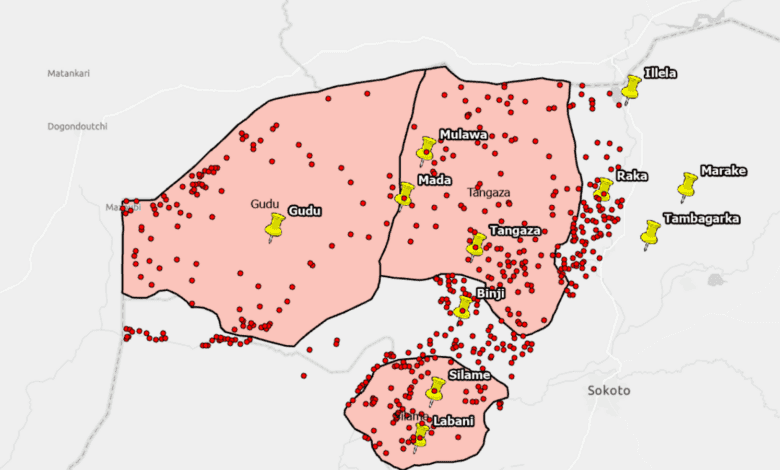 Map showing red dots across regions with place markers labeled Gudu, Mulawa, Mada, Tangaza, Binji, Silame, Labani, Illela, Raka, and Marake.