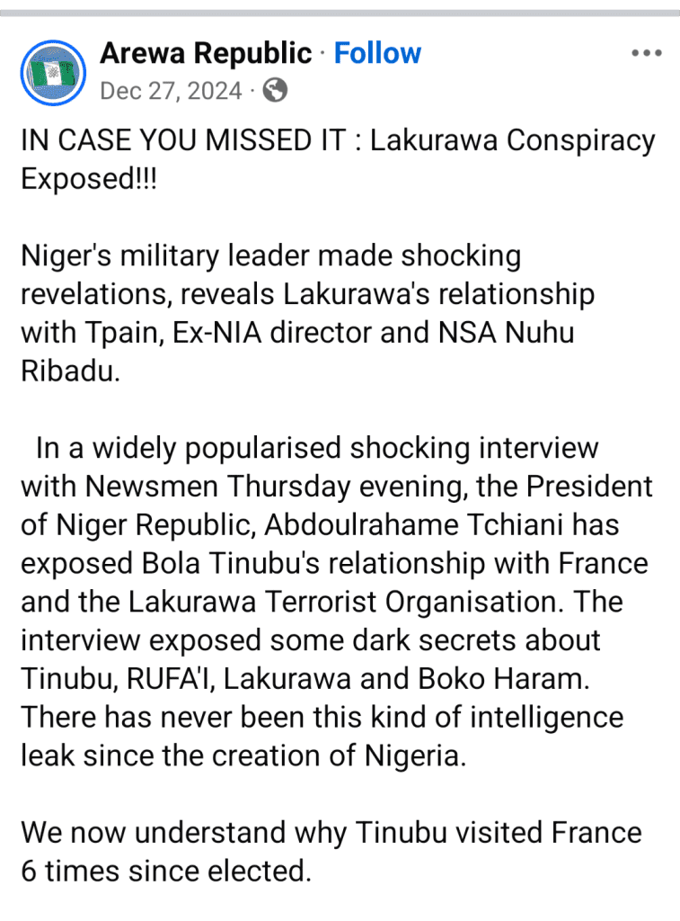 Facebook post by Arewa Republic revealing alleged ties between Nigerian leaders, France, and terror groups in explosive interview.