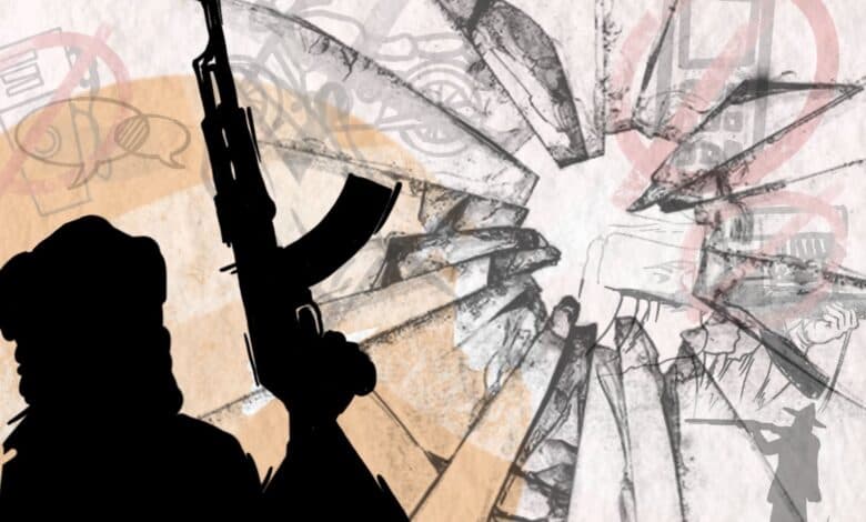 Silhouette holding a rifle against a backdrop of shattered glass and symbols, including gears and crossed-out speech bubbles.