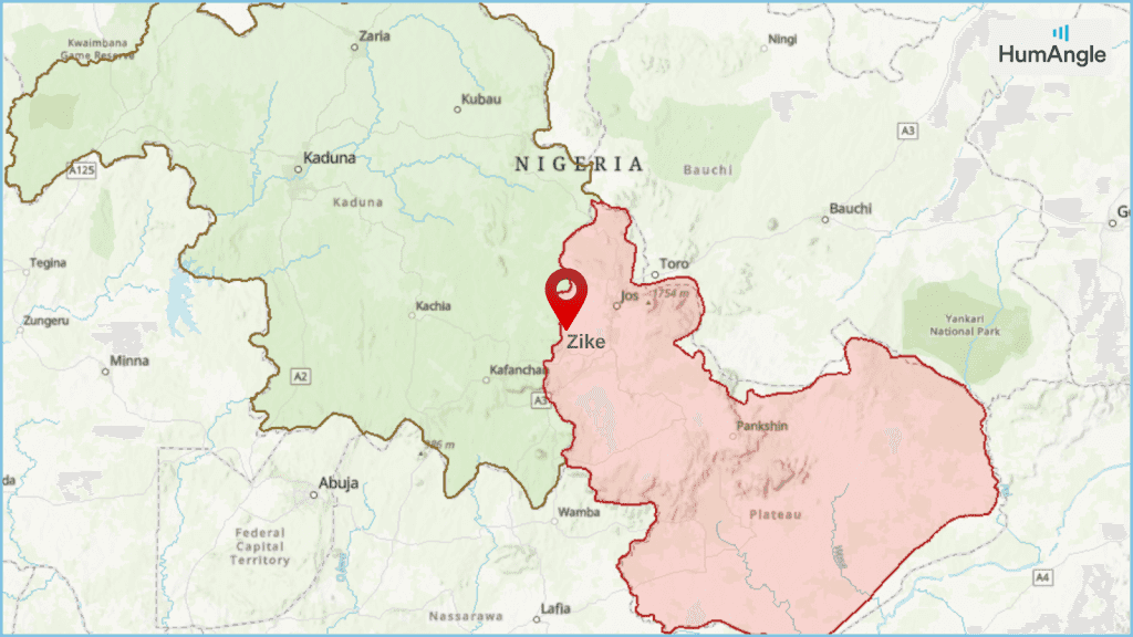 Map showing a red location pin over Zike in Nigeria, with highlighted regions and nearby cities like Abuja and Jos.