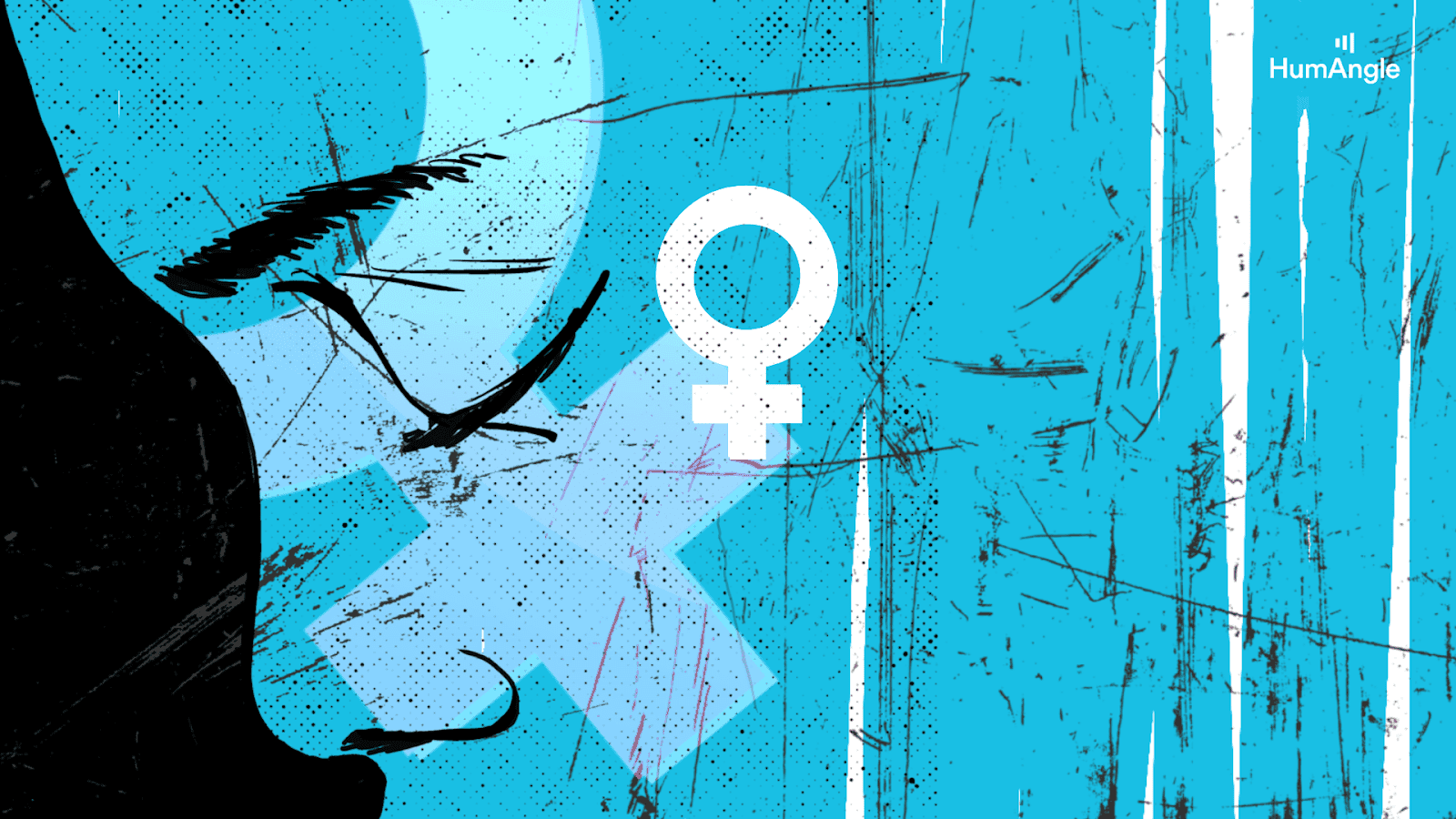 Silhouette of a woman's face on a textured blue background with a female gender symbol.