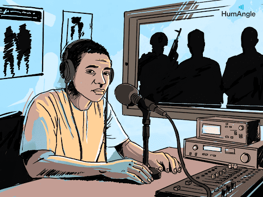 Illustration of a radio host speaking into a microphone, while three armed figures stand outside the studio window.