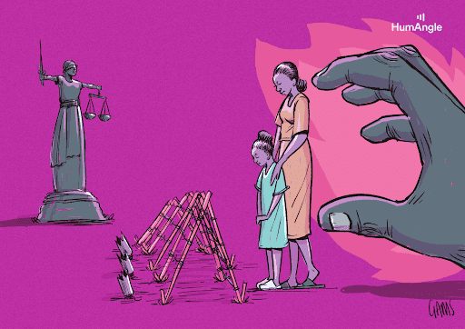 A statue of justice, a large hand, and a woman and child standing before spiked barriers on a pink background.