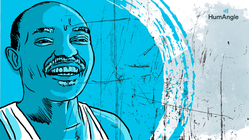 Illustrated portrait of a smiling person with a mustache against a blue and gray abstract background.