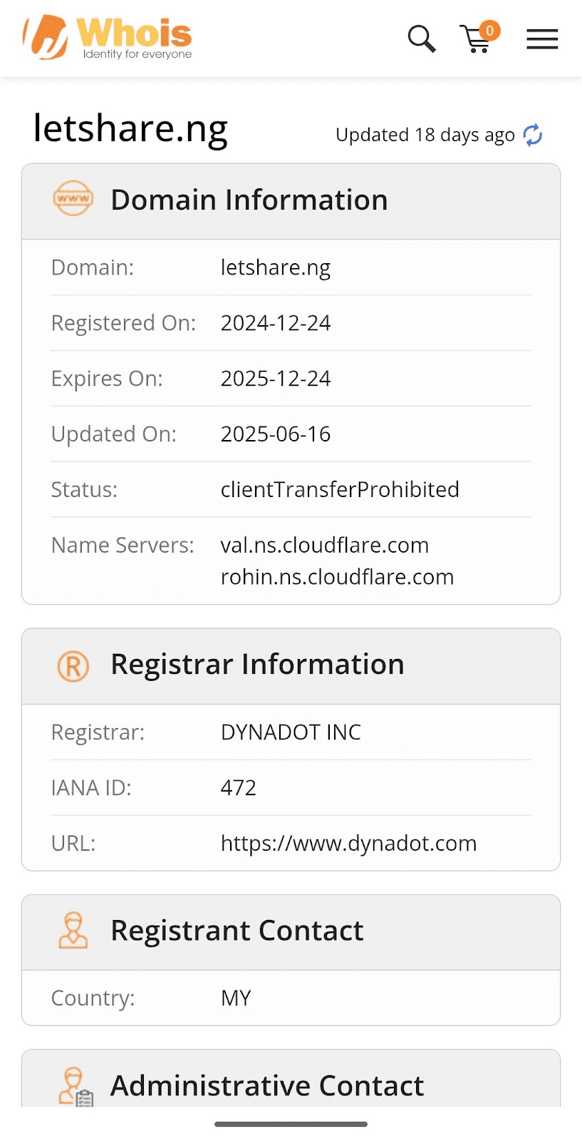 Whois details for letshare.ng showing domain info, registrar, and contact country MY.