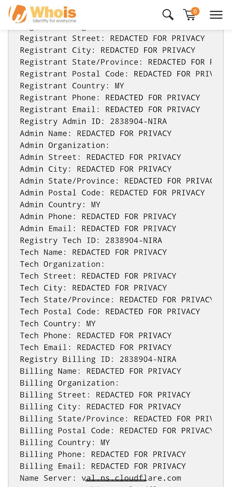 WHOIS record showing various details redacted for privacy, including registrant, admin, tech, and billing information.