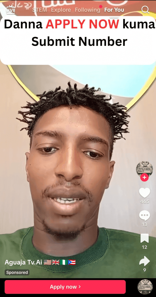 Man speaking on a livestream with overlay text reading "Danna APPLY NOW kuma Submit Number." Sponsored by Aguaja Tv.Ai.