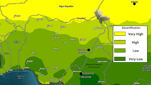 Map showing desertification levels in Nigeria and neighboring regions: Very High (yellow) to Very Low (dark green).