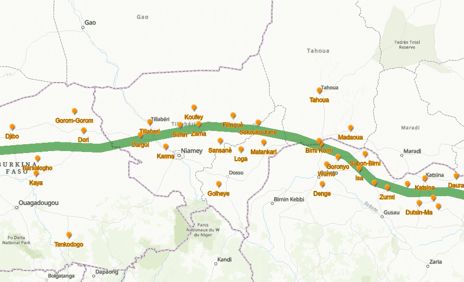 Map showing a green route with orange location markers across Niger, Burkina Faso, and Nigeria, highlighting towns and cities.