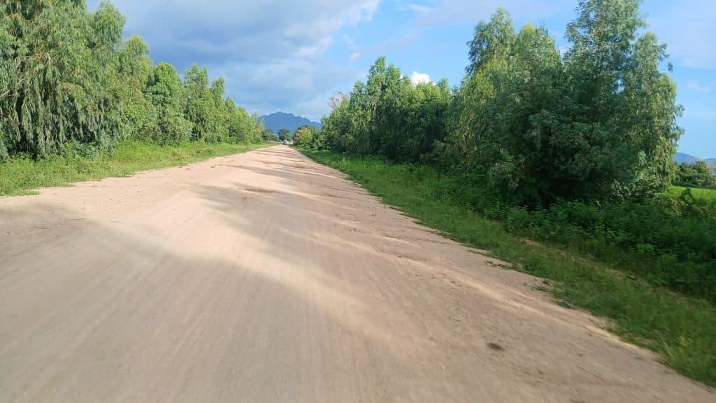 Dirt road flanked by lush trees under a cloudy sky, leading toward distant mountains.