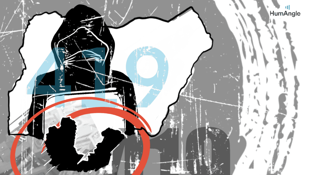 Silhouette of a hooded figure on a Nigerian map with number "419" overlaid, symbolizing fraud or scam activities. Background is textured.