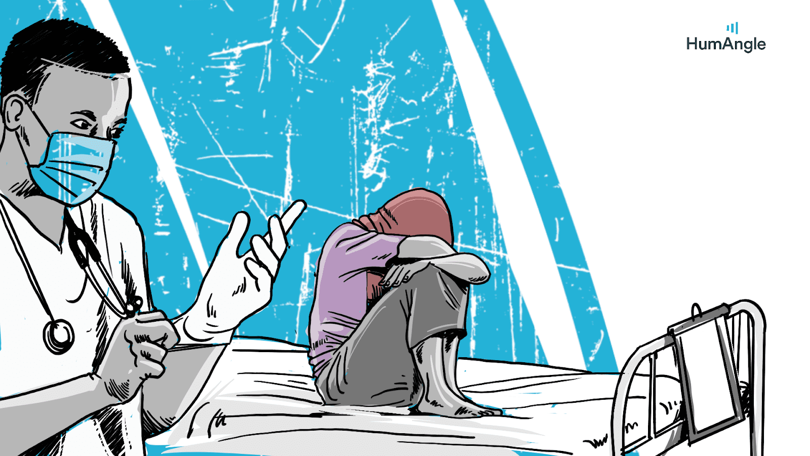 Illustration of a masked doctor with a syringe and a patient sitting distressed on a hospital bed.