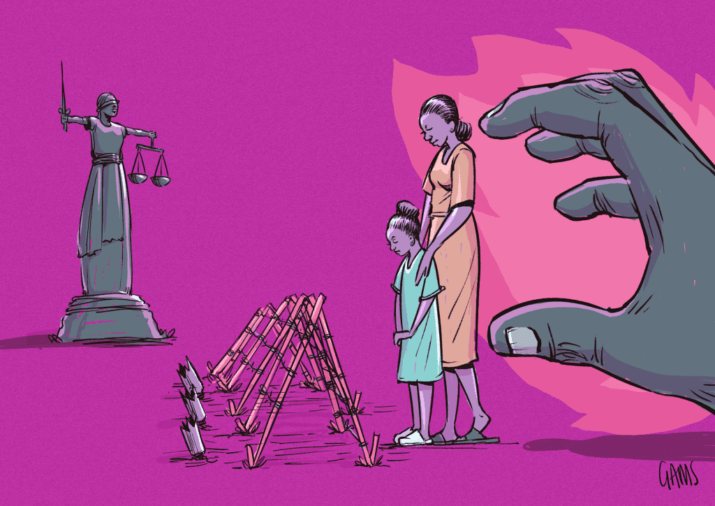 A mother and child stand vulnerably near a giant hand and spikes, with Lady Justice in the background.
