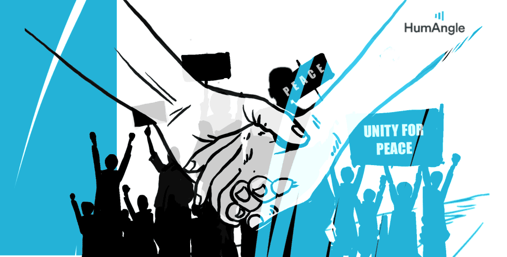 Illustration of two hands shaking in the foreground, with silhouetted protesters holding "Peace" and "Unity for Peace" signs in the background.