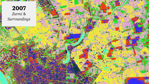 Animated satellite images of Zurmi and surroundings from 2007 to 2020 showing changes in land use and vegetation patterns.
