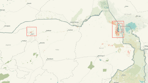 Map showing two highlighted areas in eastern Africa, one near Sudan and the other near Ethiopia, with marked locations and borders.