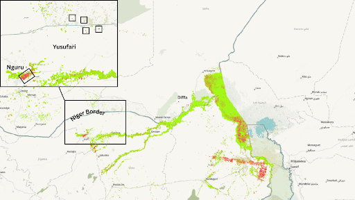 Map showing environmental changes with color-coded data near Nigeria-Niger border, highlighting areas around Nguru and Diffa.
