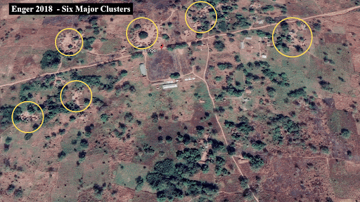 Aerial view of six major clusters marked in yellow circles on a landscape with roads and greenery. Text reads: "Enger 2018 - Six Major Clusters."