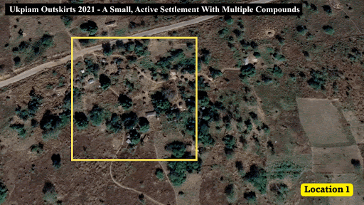 Satellite view of Ukpiam outskirts, 2021, showing a small settlement with multiple compounds, labeled Location 1.