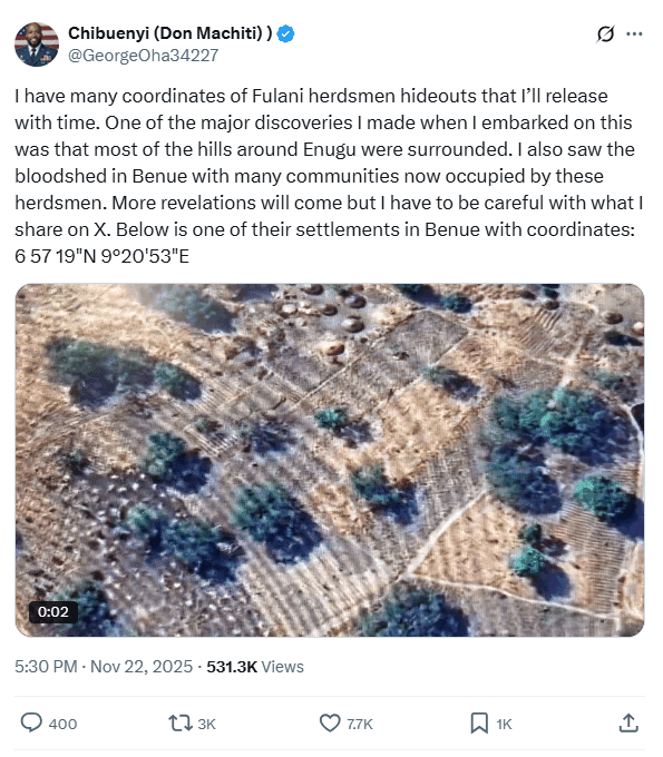 Aerial view of a landscape with scattered small trees and patches of bare land. A tweet about herdsmen settlements in Benue accompanies it.