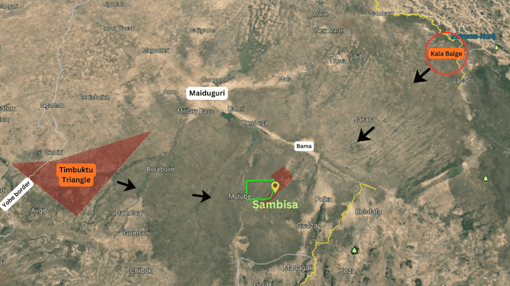 Map highlighting Timbuktu Triangle and Sambisa in northeastern Nigeria, showing nearby cities and borders with arrows pointing directions.