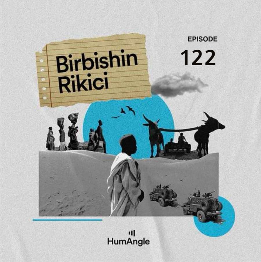 Collage artwork titled "Birbishin Rikici," Episode 122, by HumAngle, featuring people, animals, vehicles, and a desert landscape.