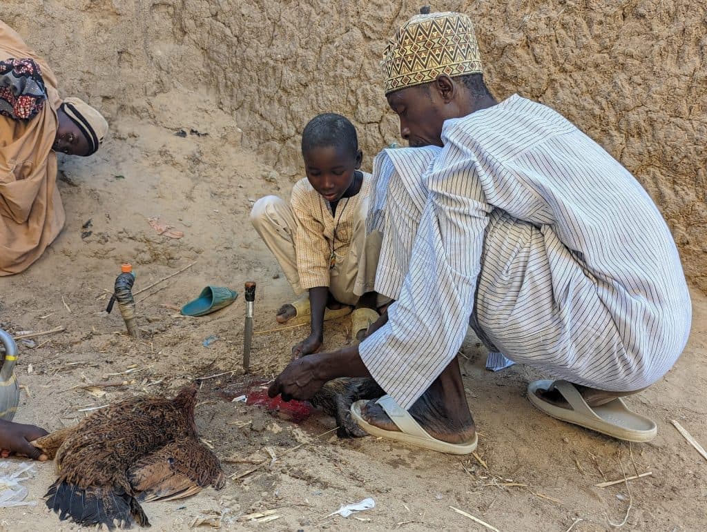 Man and child preparing a bird over sandy ground, another person rests nearby under a wall.