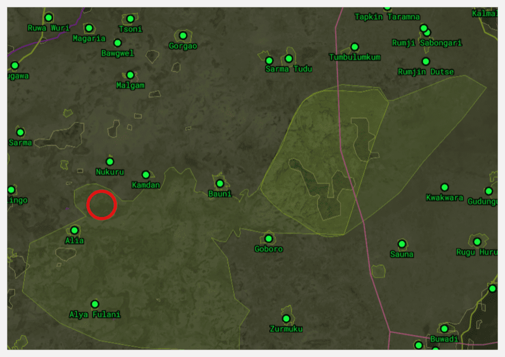 Map showing various locations marked in green, connected by roads, with a red circle highlighting a specific area.