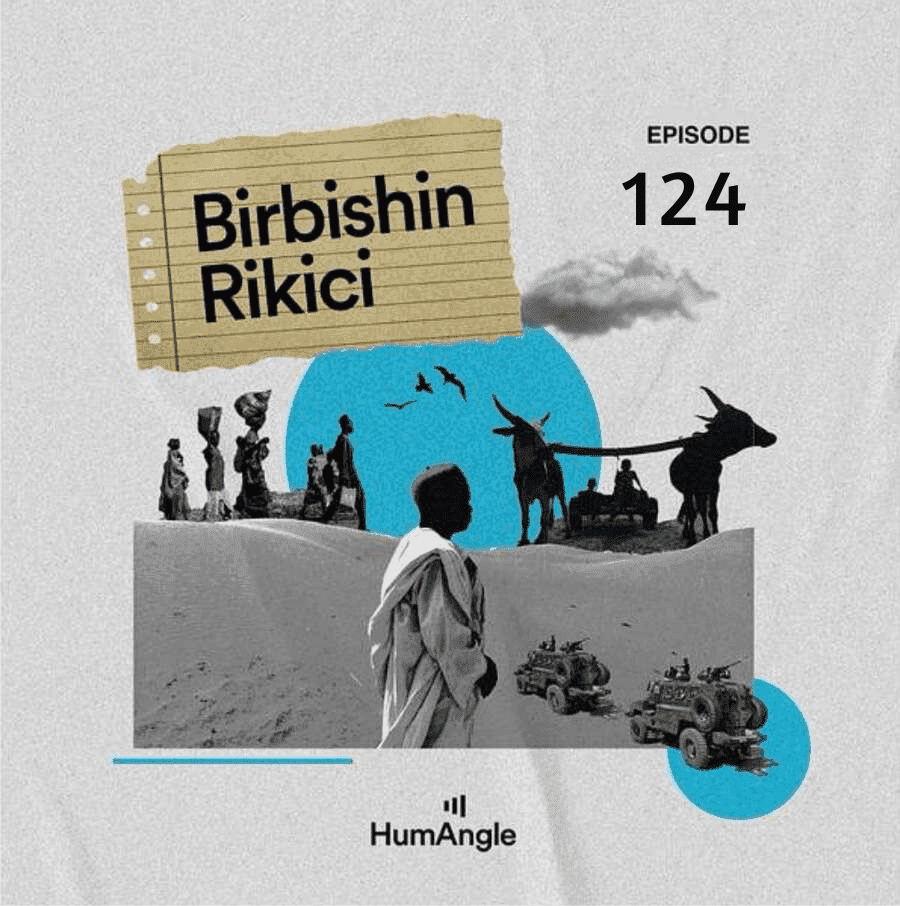 Collage featuring silhouettes of people, animals, and vehicles in a desert, with text "Birbishin Rikici, Episode 124" and HumAngle logo.