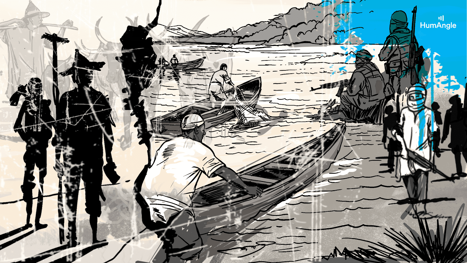 Illustrated scene of men by a river with boats and rifles, blending reality and shadows.