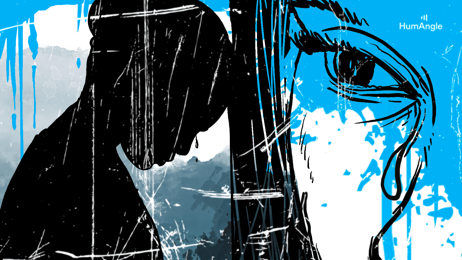 Silhouette of a person with head down, large eye crying, abstract blue and white background.