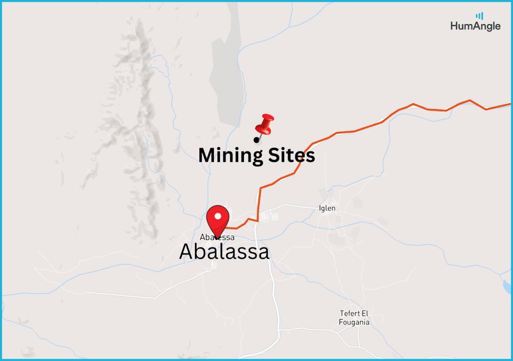 Map showing Abalassa and nearby mining sites, marked with pins along an orange route.