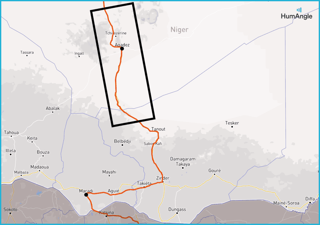 Map of Niger highlighting a route from Agadez to Maradi, with a black rectangle over part of the route.