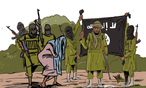 A group of armed, masked individuals in green outfits, with one holding a black flag, stand on a dirt path while one bows.