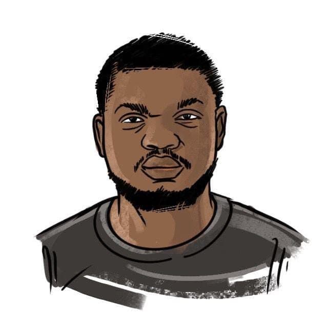 Illustrated portrait of a man with short hair and a beard, wearing a dark shirt, set against a white background.