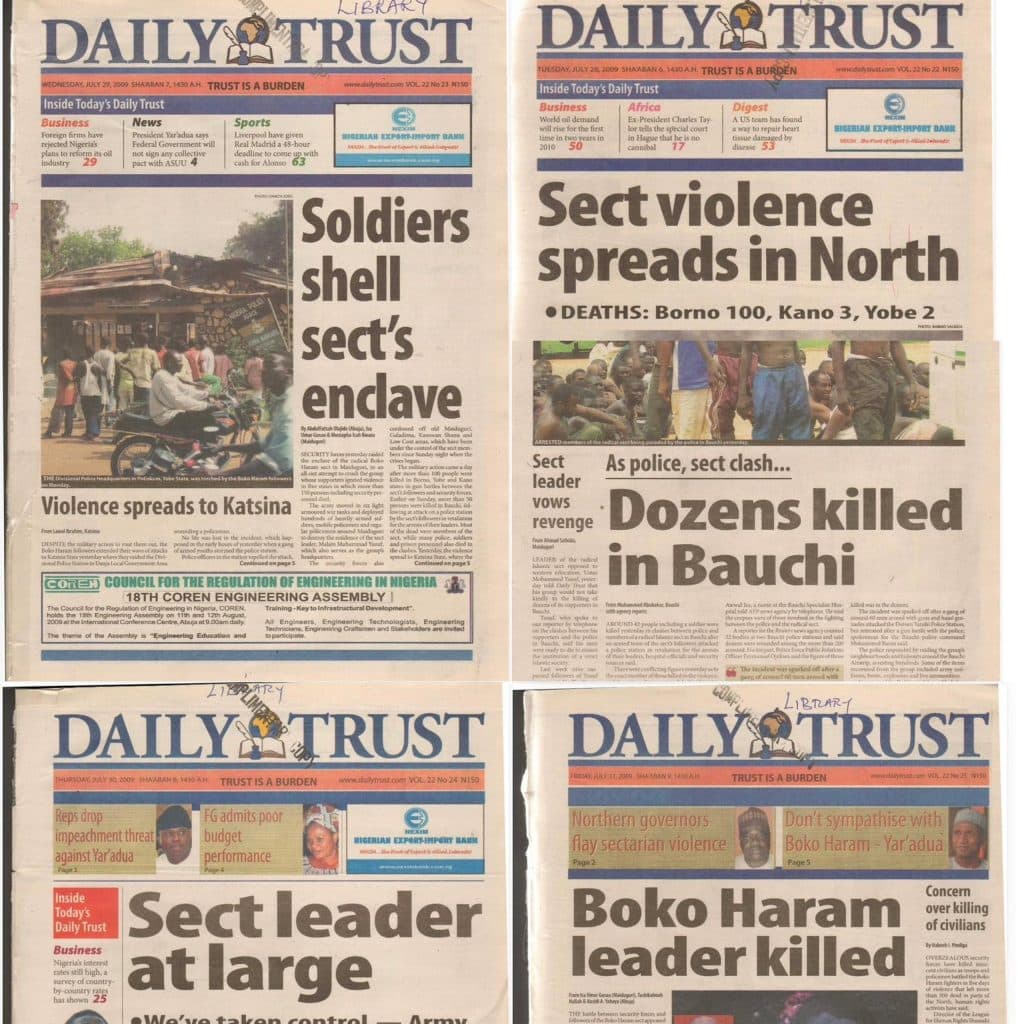 Collage of Daily Trust newspaper headlines about sect violence in Nigeria, mentioning soldiers, clashes, and a sect leader killed.