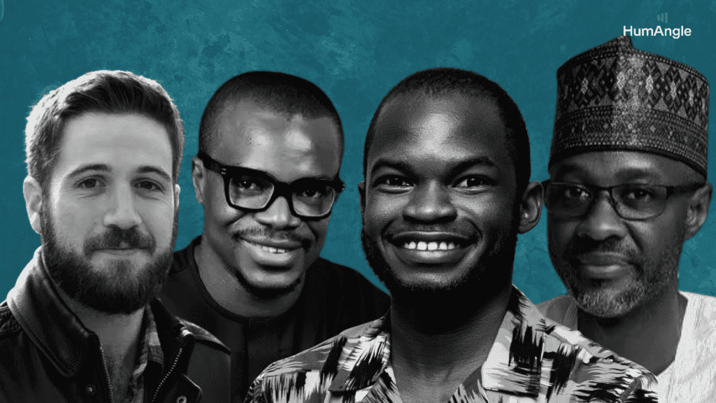 Four men smiling on a teal background, with the HumAngle logo in the top right corner.