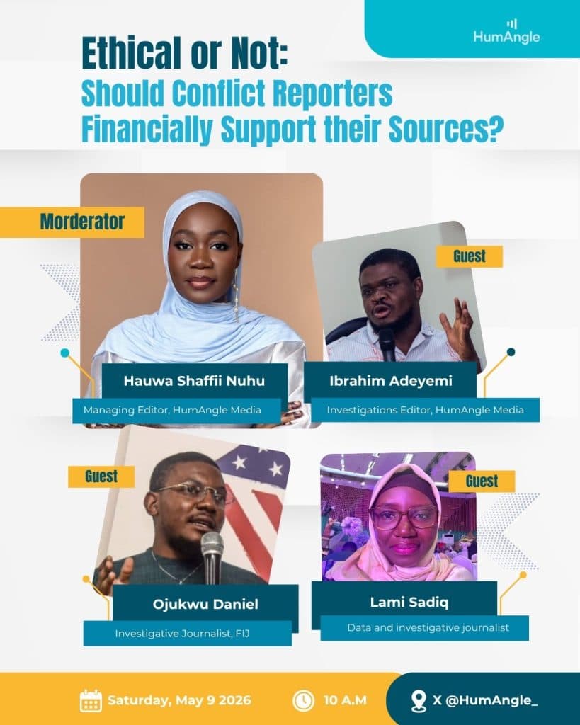 Webinar poster: "Ethical or Not: Should Conflict Reporters Financially Support their Sources?" Featuring Hauwa Shaffii Nuhu and others.